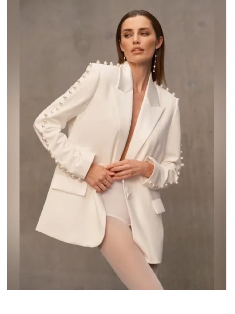Nadine Merabi Charlotte White Blazer Pearl Embellishments